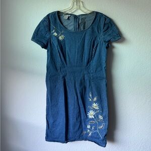 Vintage Bobbie Bee Denim Dress Floral Embroidered Blue Mini Dress Size 10